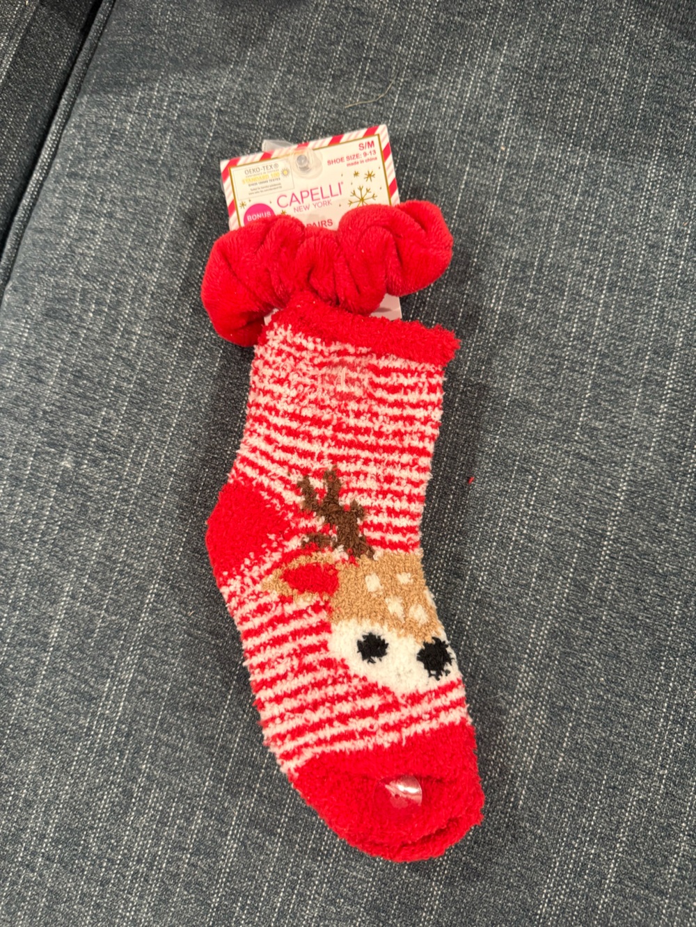 Capelli of New York Red and White Kids Plush Reindeer Socks